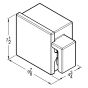 Front dimensioned technical drawing with width, height, and depth labeled