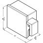 Front technical drawing with labeled width, height, and depth dimensions