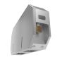 Side view of two roll mini jumbo dispenser highlighting vandal-resistant design and padlock placement