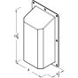 Front elevation technical drawing with dispenser dimensions labeled