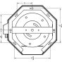 Technical back view line drawing with 3/8” mounting hole placements