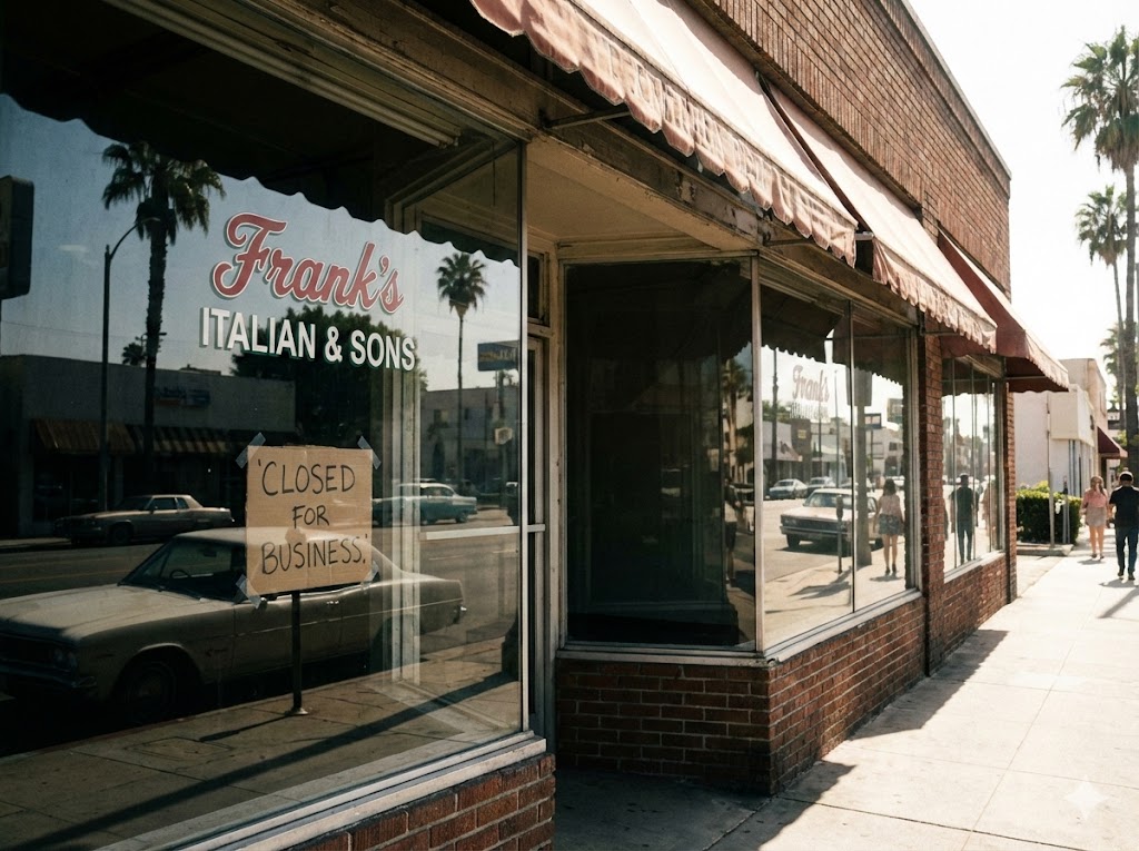 Small family owned deli with a closed for business sign in the window