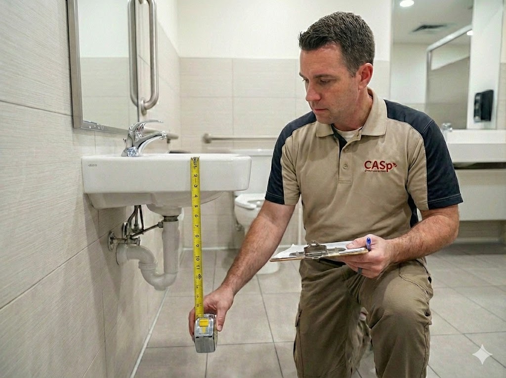 Certified Access Specialist CASp reviewing a restroom with a digital level