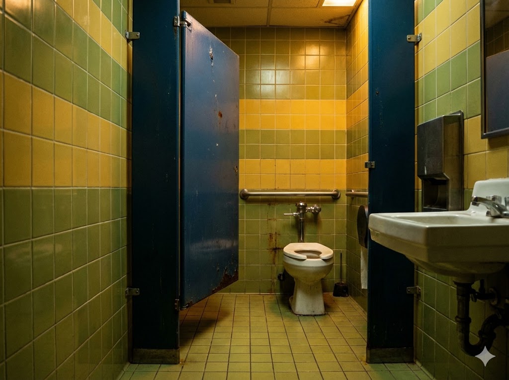 Older public restroom that is not likely to be ADA compliant.