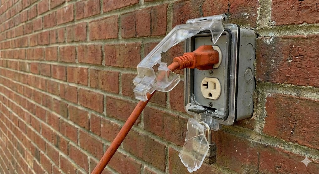 Broken plastic outdoor outlet cover showing exposed wiring