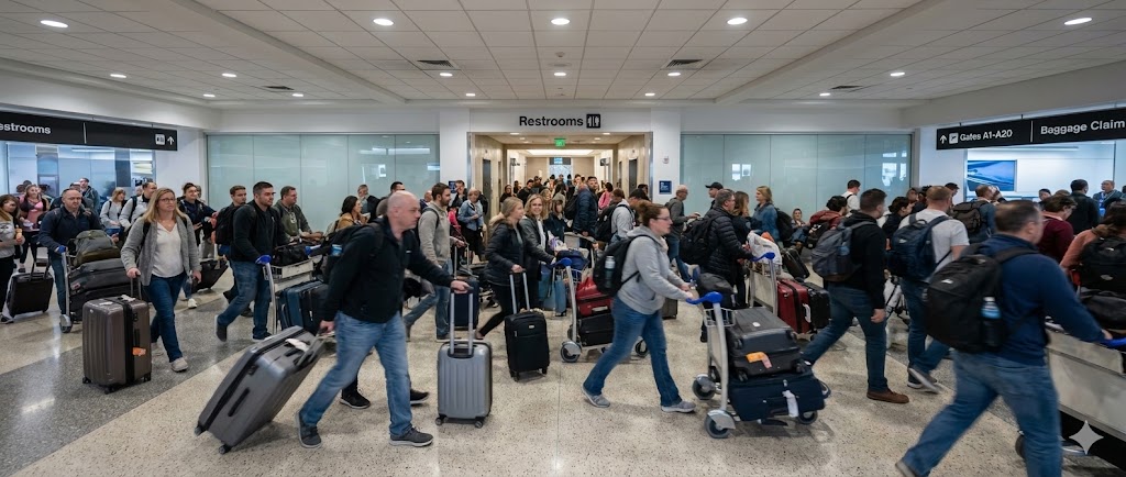 Busy airport terminal with travelers dragging luggage near restrooms