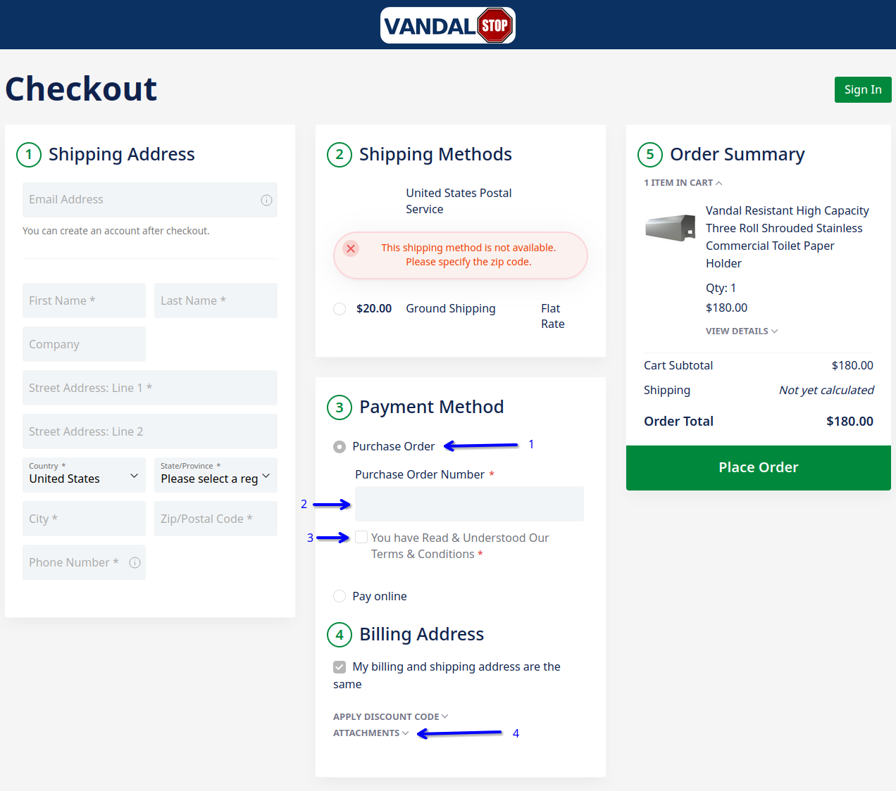 Purchase Order Submittal at Checkout