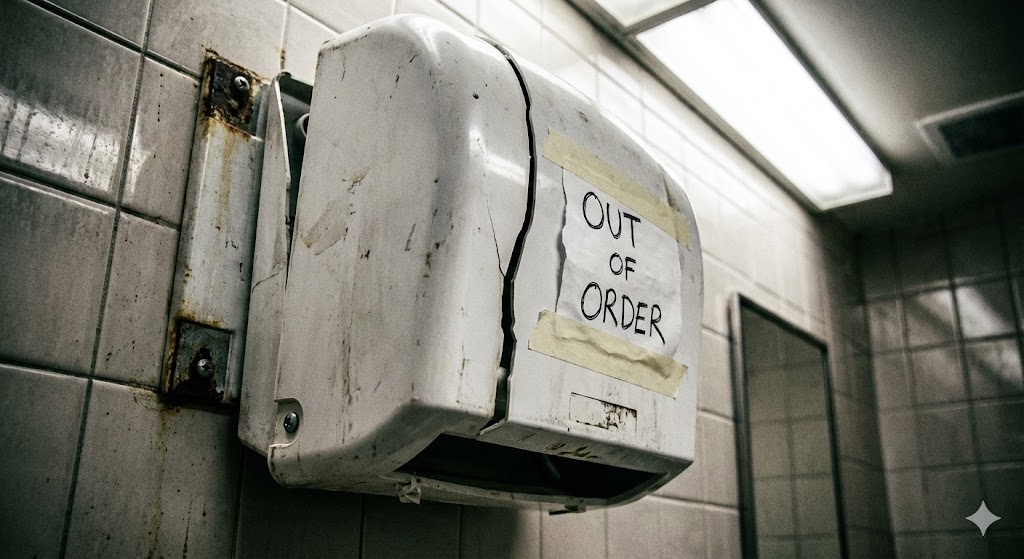 Broken plastic dispenser with cracked hinge and out of order sign