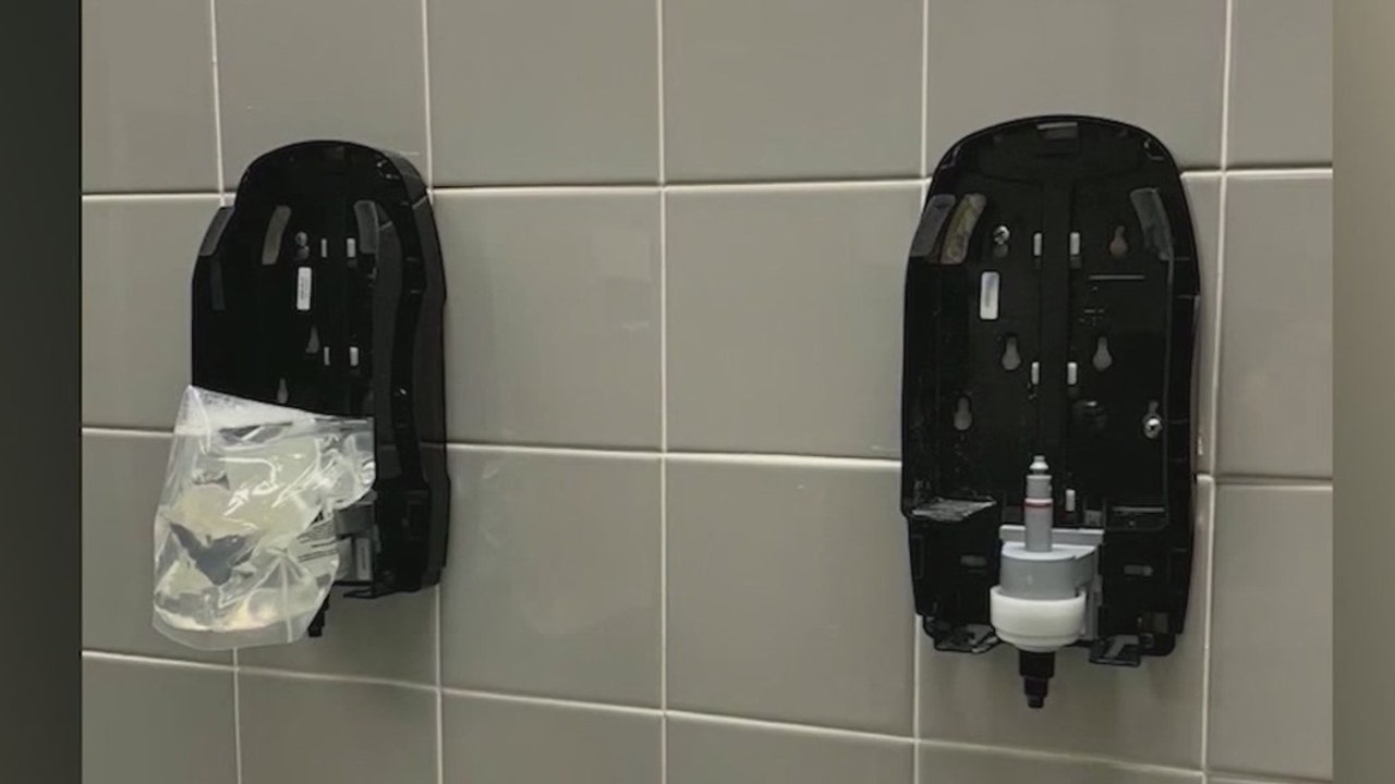 School bathroom soap dispenser ripped off wall